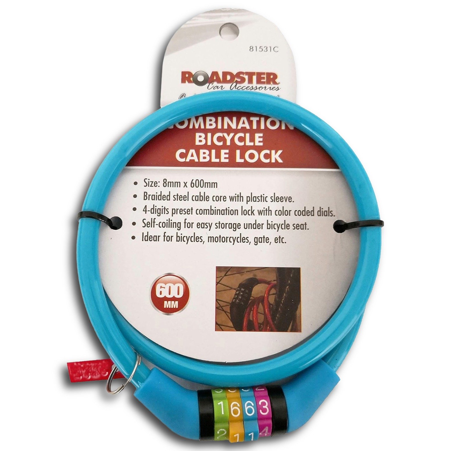 Roadster Bicycle Combination Lock 8mm x 600mm 4 Digit Cable Lock - Image 2
