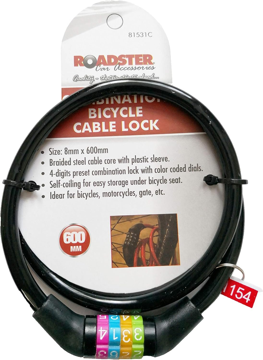 Roadster Bicycle Combination Lock 8mm x 600mm 4 Digit Cable Lock - Image 3